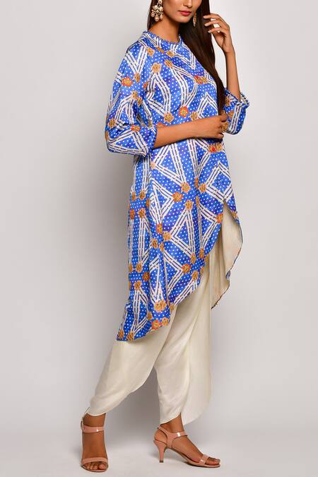 Swati Vijaivargie_Blue Linen Satin Round Printed Kurta Dhoti Pant Set _Online_at_Aza_Fashions