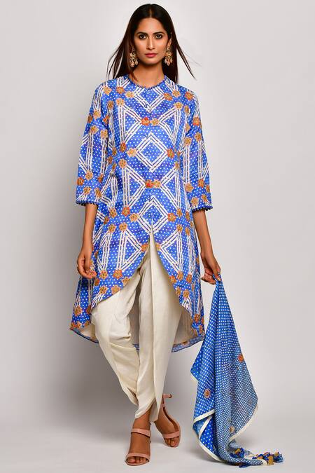 Buy_Swati Vijaivargie_Blue Linen Satin Round Printed Kurta Dhoti Pant Set _Online_at_Aza_Fashions
