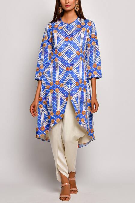 Shop_Swati Vijaivargie_Blue Linen Satin Round Printed Kurta Dhoti Pant Set _Online_at_Aza_Fashions