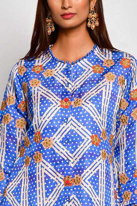 Swati Vijaivargie_Blue Linen Satin Round Printed Kurta Dhoti Pant Set _at_Aza_Fashions