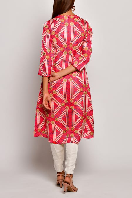 Shop Swati Vijaivargie Red Linen Satin Round Printed Kurta Dhoti Pant Set at Aza Fashions Shop_Swati Vijaivargie_Red Linen Satin Round Printed Kurta Dhoti Pant Set _at_Aza_Fashions