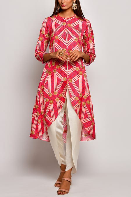 Swati Vijaivargie Red Linen Satin Round Printed Kurta Dhoti Pant Set Online at Aza Fashions Swati Vijaivargie_Red Linen Satin Round Printed Kurta Dhoti Pant Set _Online_at_Aza_Fashions