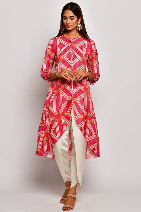 Buy Swati Vijaivargie Red Linen Satin Round Printed Kurta Dhoti Pant Set Online at Aza Fashions Buy_Swati Vijaivargie_Red Linen Satin Round Printed Kurta Dhoti Pant Set _Online_at_Aza_Fashions