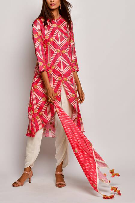 Shop Swati Vijaivargie Red Linen Satin Round Printed Kurta Dhoti Pant Set Online at Aza Fashions Shop_Swati Vijaivargie_Red Linen Satin Round Printed Kurta Dhoti Pant Set _Online_at_Aza_Fashions