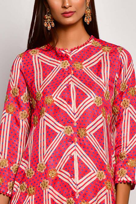 Swati Vijaivargie Red Linen Satin Round Printed Kurta Dhoti Pant Set at Aza Fashions Swati Vijaivargie_Red Linen Satin Round Printed Kurta Dhoti Pant Set _at_Aza_Fashions