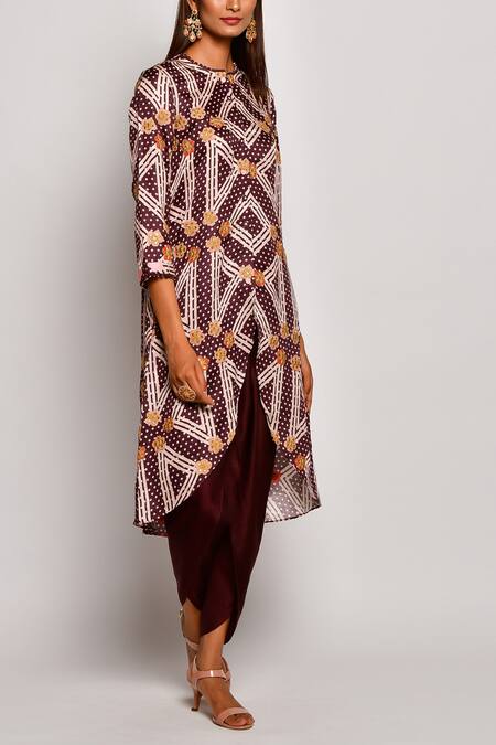 Swati Vijaivargie_Brown Linen Satin Round Printed Kurta Dhoti Pant Set _Online_at_Aza_Fashions
