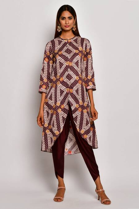 Buy_Swati Vijaivargie_Brown Linen Satin Round Printed Kurta Dhoti Pant Set _Online_at_Aza_Fashions