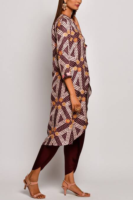 Shop_Swati Vijaivargie_Brown Linen Satin Round Printed Kurta Dhoti Pant Set _Online_at_Aza_Fashions