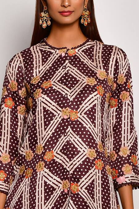 Swati Vijaivargie_Brown Linen Satin Round Printed Kurta Dhoti Pant Set _at_Aza_Fashions