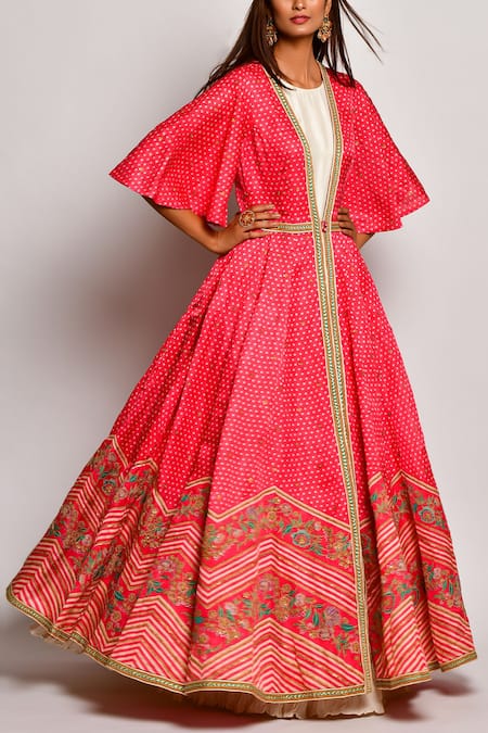 Swati Vijaivargie Red Linen Satin Round Printed Anarkali Set