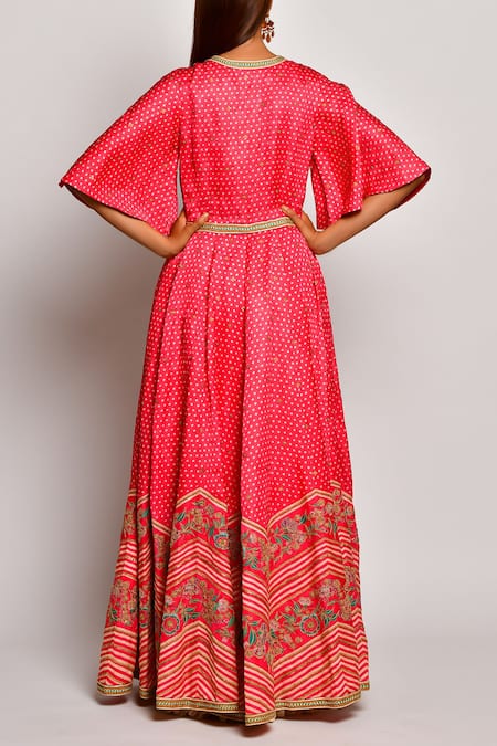 Shop_Swati Vijaivargie_Red Linen Satin Round Printed Anarkali Set _at_Aza_Fashions