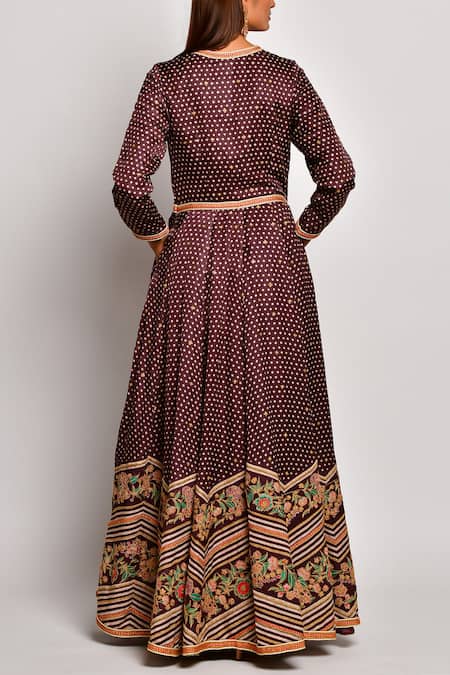 Shop_Swati Vijaivargie_Brown Linen Satin Round Printed Anarkali Set _at_Aza_Fashions