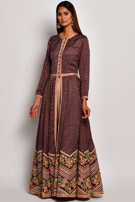 Buy_Swati Vijaivargie_Brown Linen Satin Round Printed Anarkali Set _Online_at_Aza_Fashions