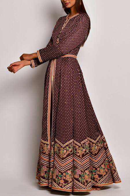 Shop_Swati Vijaivargie_Brown Linen Satin Round Printed Anarkali Set _Online_at_Aza_Fashions