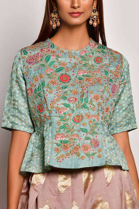 Swati Vijaivargie_Green Linen Satin Round Embroidered Top _Online_at_Aza_Fashions