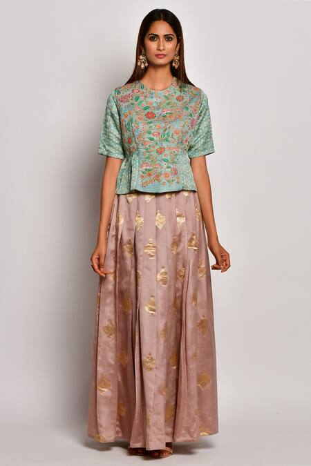 Buy_Swati Vijaivargie_Green Linen Satin Round Embroidered Top _Online_at_Aza_Fashions