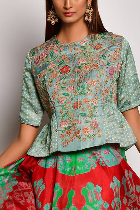 Buy Swati Vijaivargie Red Silk Round Crop Top With Shibori Skirt Online at Aza Fashions Buy_Swati Vijaivargie_Red Silk Round Crop Top With Shibori Skirt _Online_at_Aza_Fashions