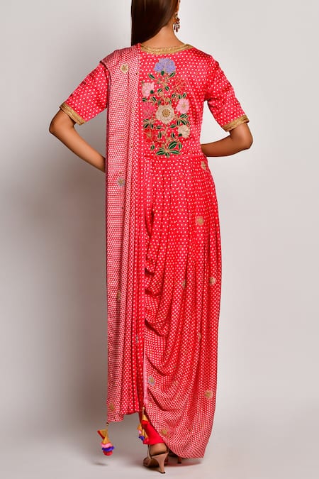 Shop_Swati Vijaivargie_Red Viscose Silk Satin V Neck Printed Pre-draped Pant Saree _at_Aza_Fashions