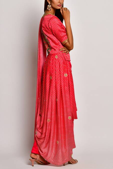 Shop_Swati Vijaivargie_Red Viscose Silk Satin V Neck Printed Pre-draped Pant Saree _Online_at_Aza_Fashions
