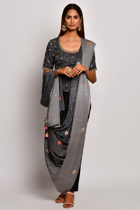 Buy Swati Vijaivargie Black Viscose Silk Satin Scoop Neck Printed Pre-draped Pant Saree Online at Aza Fashions Buy_Swati Vijaivargie_Black Viscose Silk Satin Scoop Neck Printed Pre-draped Pant Saree _Online_at_Aza_Fashions
