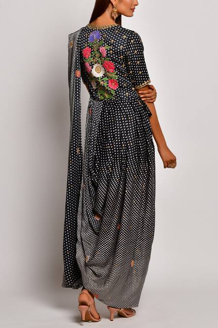 Shop Swati Vijaivargie Black Viscose Silk Satin Scoop Neck Printed Pre-draped Pant Saree Online at Aza Fashions Shop_Swati Vijaivargie_Black Viscose Silk Satin Scoop Neck Printed Pre-draped Pant Saree _Online_at_Aza_Fashions