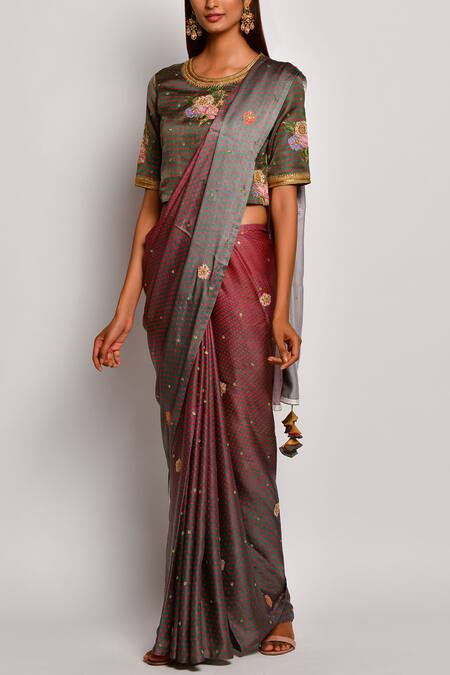 Swati Vijaivargie Red Viscose Silk Satin Round Printed Saree With Blouse 