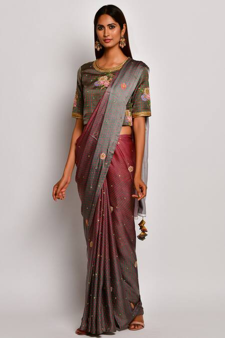 Buy Swati Vijaivargie Red Viscose Silk Satin Round Printed Saree With Blouse Online at Aza Fashions Buy_Swati Vijaivargie_Red Viscose Silk Satin Round Printed Saree With Blouse _Online_at_Aza_Fashions