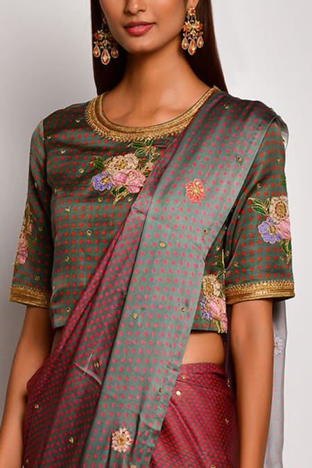 Shop Swati Vijaivargie Red Viscose Silk Satin Round Printed Saree With Blouse Online at Aza Fashions Shop_Swati Vijaivargie_Red Viscose Silk Satin Round Printed Saree With Blouse _Online_at_Aza_Fashions