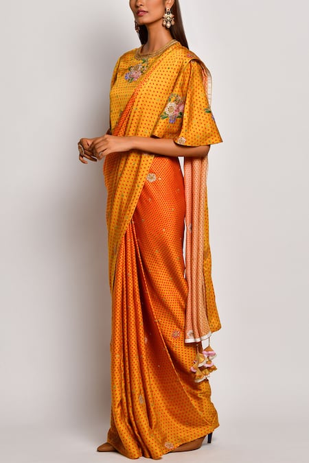 Swati Vijaivargie_Yellow Viscose Silk Satin Round Floral Saree With Blouse _Online_at_Aza_Fashions