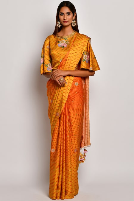 Buy_Swati Vijaivargie_Yellow Viscose Silk Satin Round Floral Saree With Blouse _Online_at_Aza_Fashions