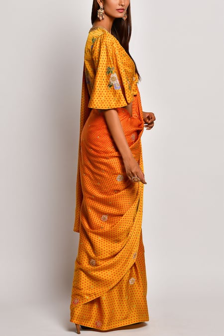 Shop_Swati Vijaivargie_Yellow Viscose Silk Satin Round Floral Saree With Blouse _Online_at_Aza_Fashions