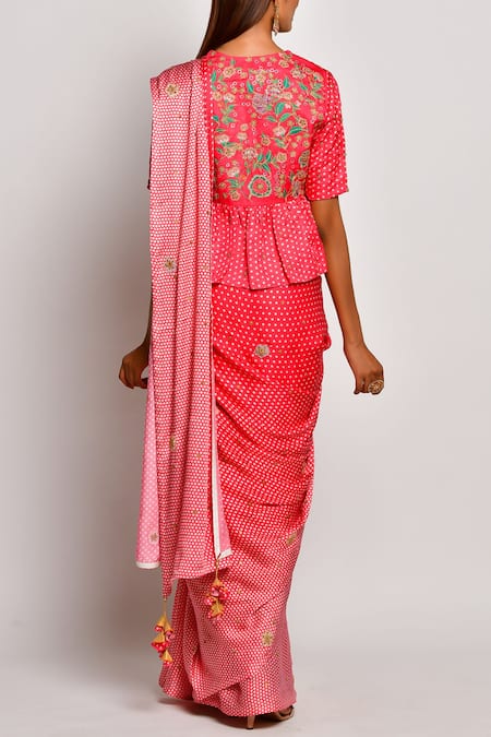 Shop Swati Vijaivargie Red Viscose Silk Satin Round Printed Saree With Blouse at Aza Fashions Shop_Swati Vijaivargie_Red Viscose Silk Satin Round Printed Saree With Blouse _at_Aza_Fashions