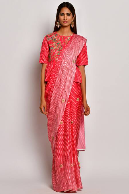 Buy Swati Vijaivargie Red Viscose Silk Satin Round Printed Saree With Blouse Online at Aza Fashions Buy_Swati Vijaivargie_Red Viscose Silk Satin Round Printed Saree With Blouse _Online_at_Aza_Fashions