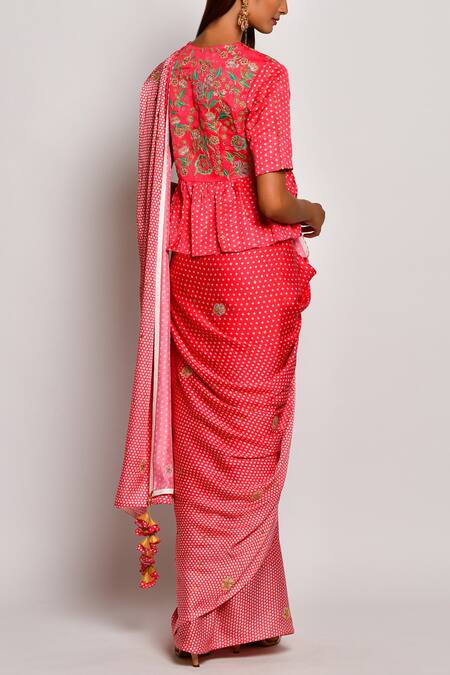 Shop Swati Vijaivargie Red Viscose Silk Satin Round Printed Saree With Blouse Online at Aza Fashions Shop_Swati Vijaivargie_Red Viscose Silk Satin Round Printed Saree With Blouse _Online_at_Aza_Fashions