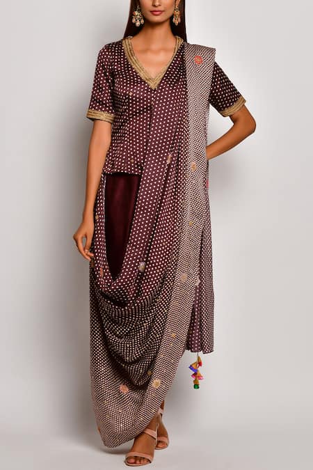 Swati Vijaivargie Brown Viscose Silk Satin V Neck Printed Pre-draped Pant Saree 