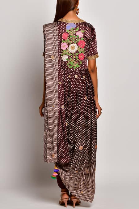 Shop_Swati Vijaivargie_Brown Viscose Silk Satin V Neck Printed Pre-draped Pant Saree _at_Aza_Fashions