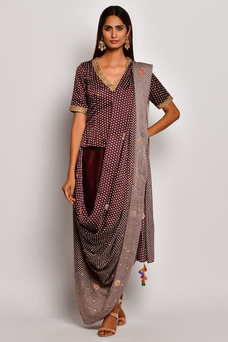 Buy_Swati Vijaivargie_Brown Viscose Silk Satin V Neck Printed Pre-draped Pant Saree _Online_at_Aza_Fashions