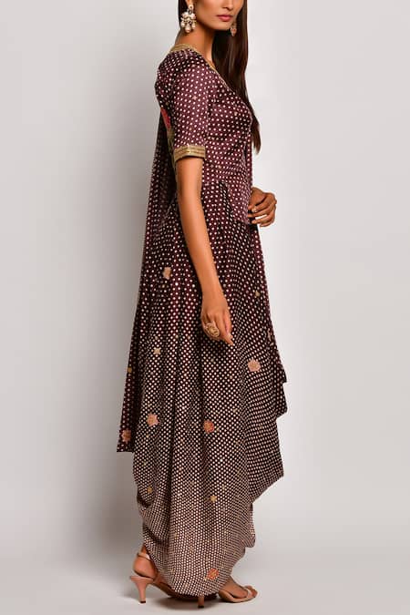 Shop_Swati Vijaivargie_Brown Viscose Silk Satin V Neck Printed Pre-draped Pant Saree _Online_at_Aza_Fashions