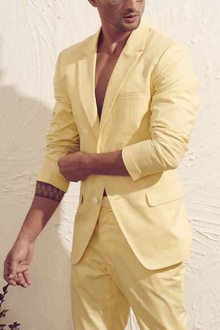 Shop_Dev R Nil_Yellow Cotton Satin Lycra Blazer With Trousers_at_Aza_Fashions