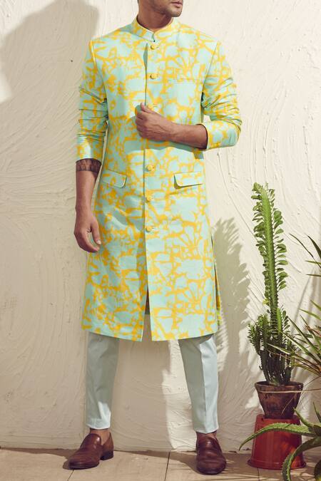Dev R Nil Blue Dola Silk Printed Sherwani