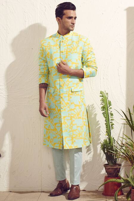 Dev R Nil_Blue Dola Silk Printed Sherwani_Online_at_Aza_Fashions