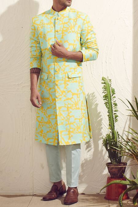 Buy_Dev R Nil_Blue Dola Silk Printed Sherwani_Online_at_Aza_Fashions