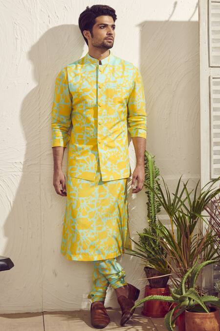 Buy Yellow Jaquard Nehru Jacket for Men (NMK-5213) Online