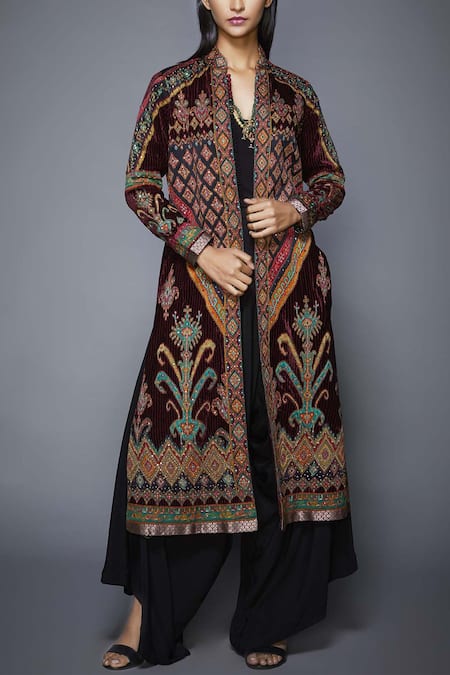 RI.Ritu Kumar_Black Micro Velvet Band Collar Embroidered Jacket_Online_at_Aza_Fashions