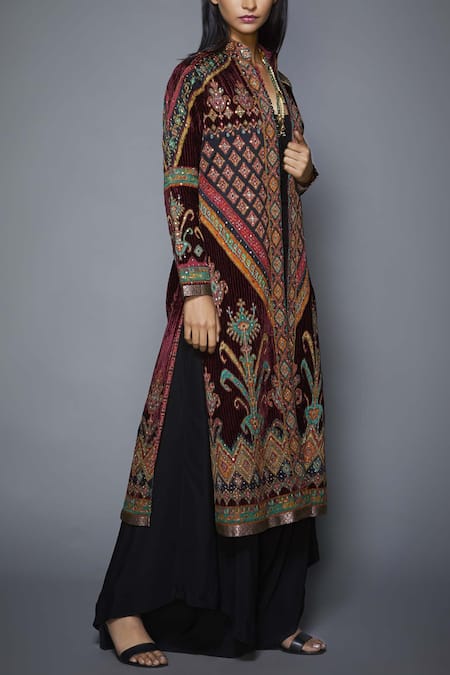 Shop_RI.Ritu Kumar_Black Micro Velvet Band Collar Embroidered Jacket_Online_at_Aza_Fashions