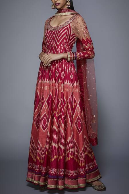 RI.Ritu Kumar Red Tussar Georgette Round Printed Anarkali Set Online at Aza Fashions RI.Ritu Kumar_Red Tussar Georgette Round Printed Anarkali Set_Online_at_Aza_Fashions