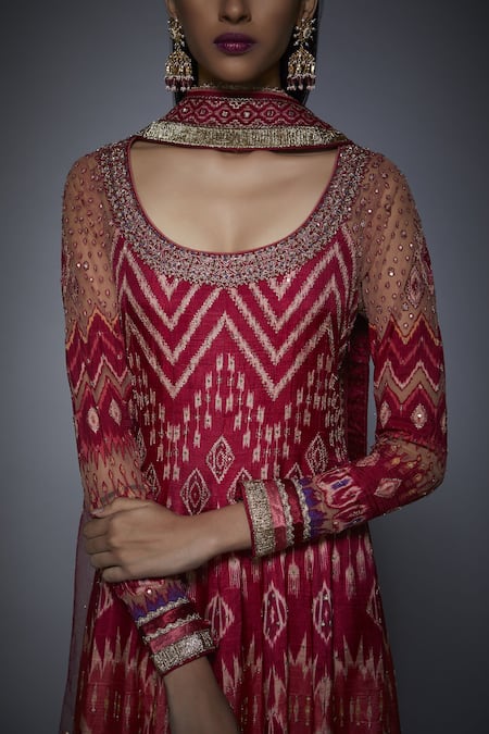 RI.Ritu Kumar Red Tussar Georgette Round Printed Anarkali Set at Aza Fashions RI.Ritu Kumar_Red Tussar Georgette Round Printed Anarkali Set_at_Aza_Fashions