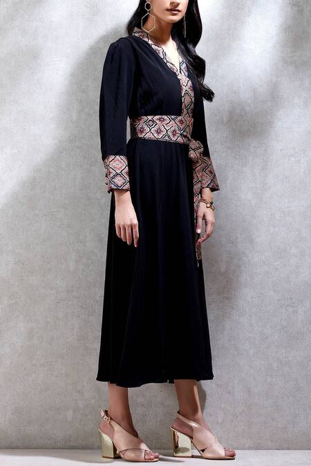 Shop_Ritu Kumar_Black Polyester Crepe V Neck Flared Long Kurta _Online_at_Aza_Fashions