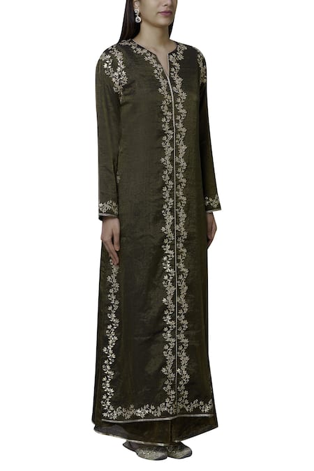 Nini Mishra_Gold Tissue Round Embroidered Long Kurta_Online_at_Aza_Fashions