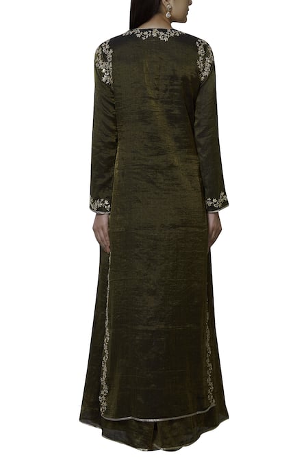 Shop_Nini Mishra_Gold Tissue Round Embroidered Long Kurta_at_Aza_Fashions